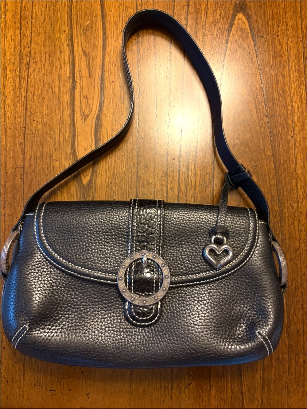 Brighton Black Pebbled Leather Shoulder Bag with Heart Charm
